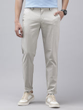 Men's Light Grey Striped Cotton Slim Fit Casual 4 Pockets Trouser